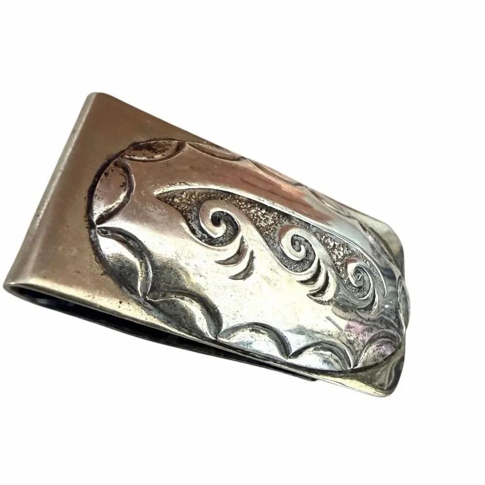 Vintage Sterling Silver Overlay Money Clip Hand Engraved Scroll Design